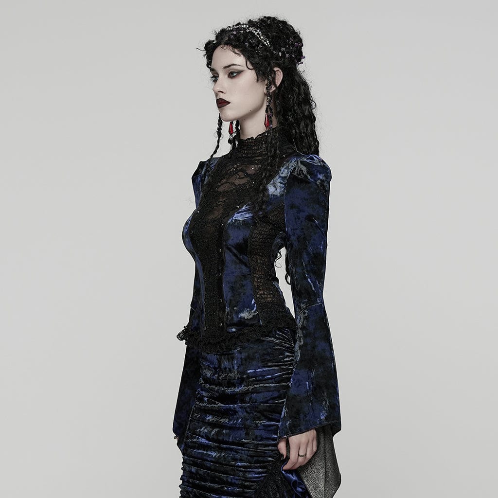 PUNK RAVE Women's Gothic Lace Splice Lace-up Flared Sleeved Shirt Blue