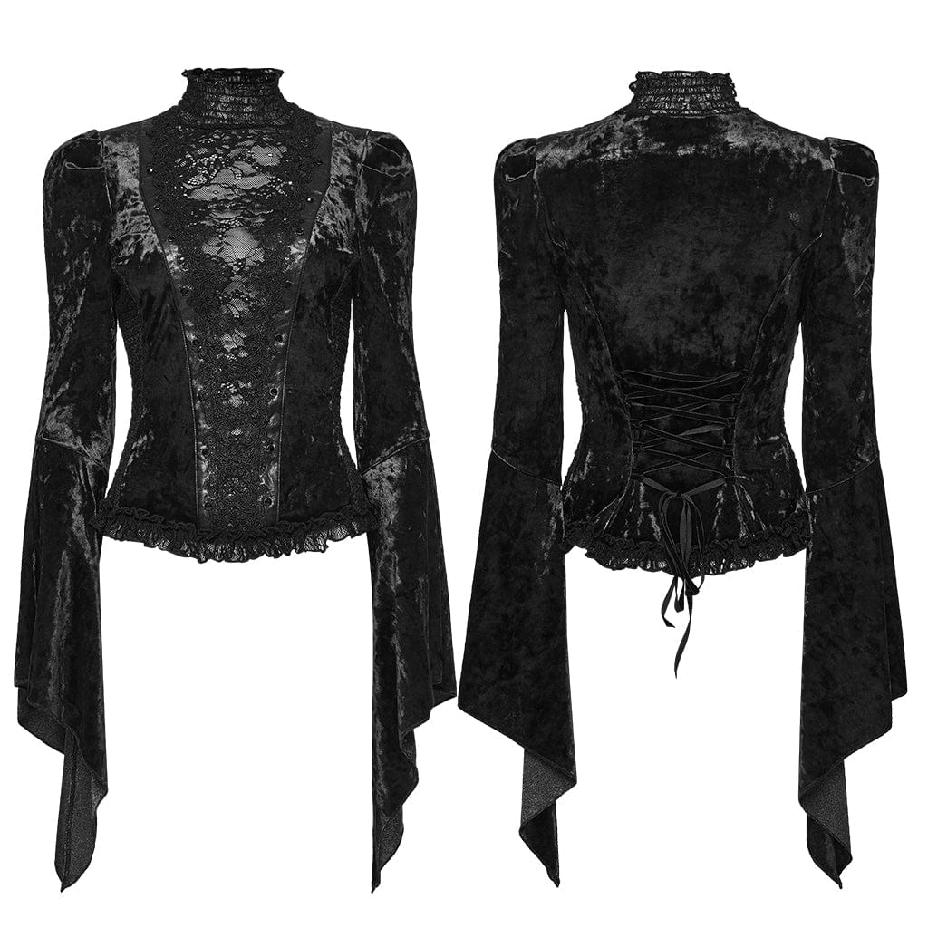 PUNK RAVE Women's Gothic Lace Splice Lace-up Flared Sleeved Top Black