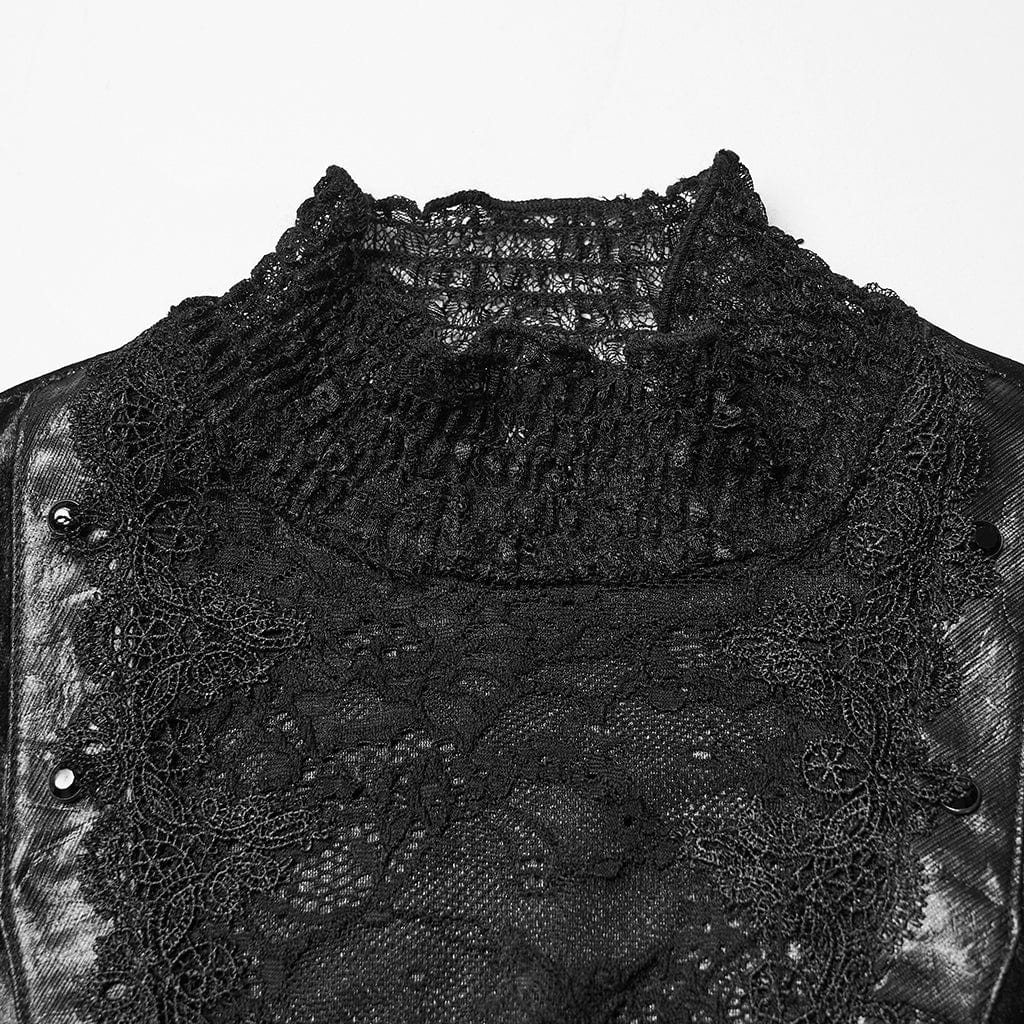 PUNK RAVE Women's Gothic Lace Splice Lace-up Flared Sleeved Top Black