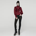 PUNK RAVE Women's Gothic Lace Splice Puff Sleeved Ruffle Shirt Red