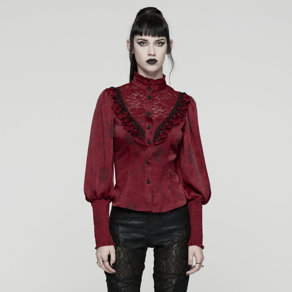 PUNK RAVE Women's Gothic Lace Splice Puff Sleeved Ruffle Shirt Red