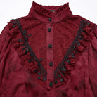 PUNK RAVE Women's Gothic Lace Splice Puff Sleeved Ruffle Shirt Red
