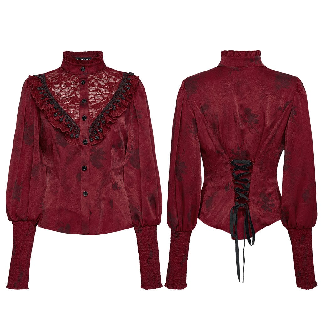 PUNK RAVE Women's Gothic Lace Splice Puff Sleeved Ruffle Shirt Red