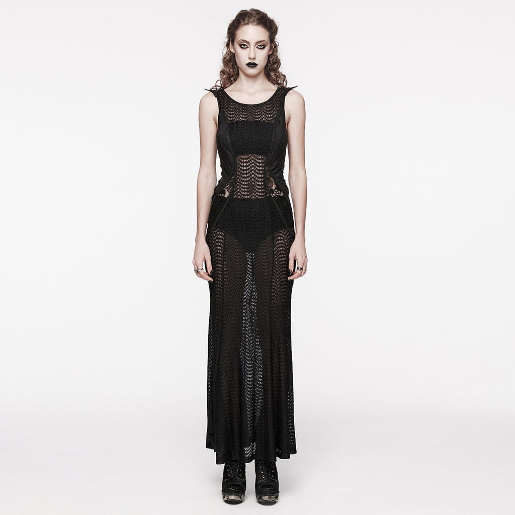 PUNK RAVE Women's Gothic Lace Splice Sheer Fishtail Dress