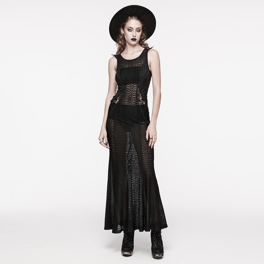 PUNK RAVE Women's Gothic Lace Splice Sheer Fishtail Dress