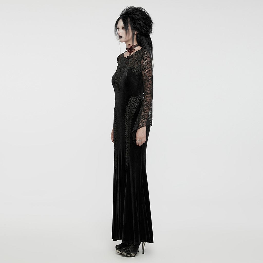 PUNK RAVE Women's Gothic Lace Splice Velvet Fishtailed Prom Dress Black