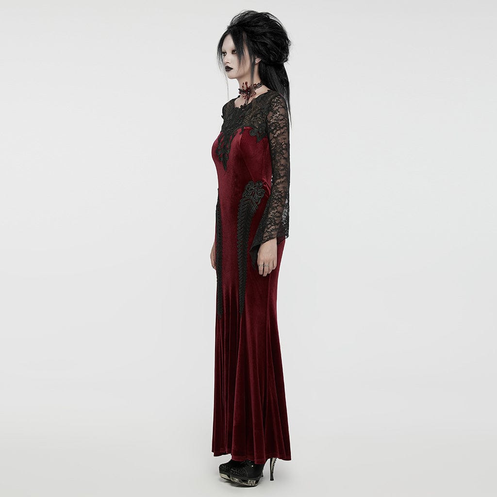 PUNK RAVE Women's Gothic Lace Splice Velvet Fishtailed Prom Dress Red