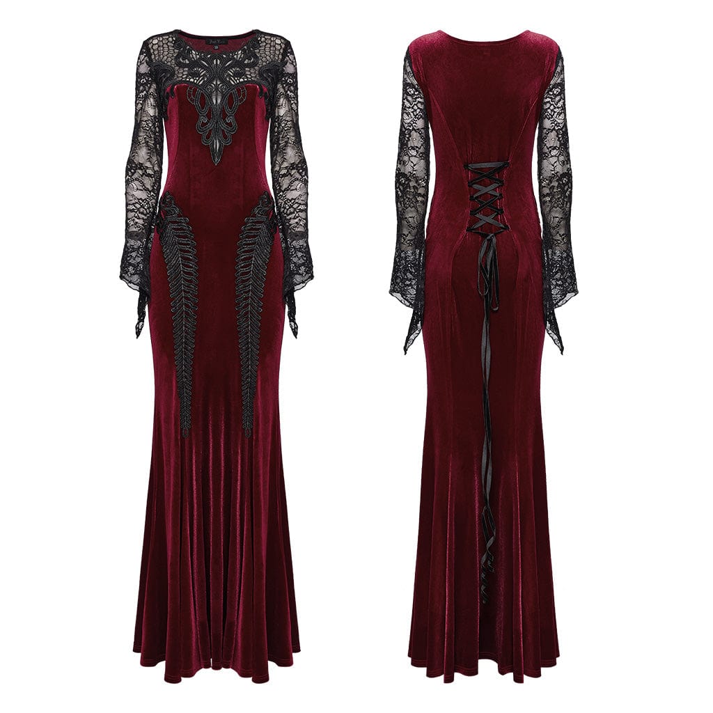 PUNK RAVE Women's Gothic Lace Splice Velvet Fishtailed Prom Dress Red