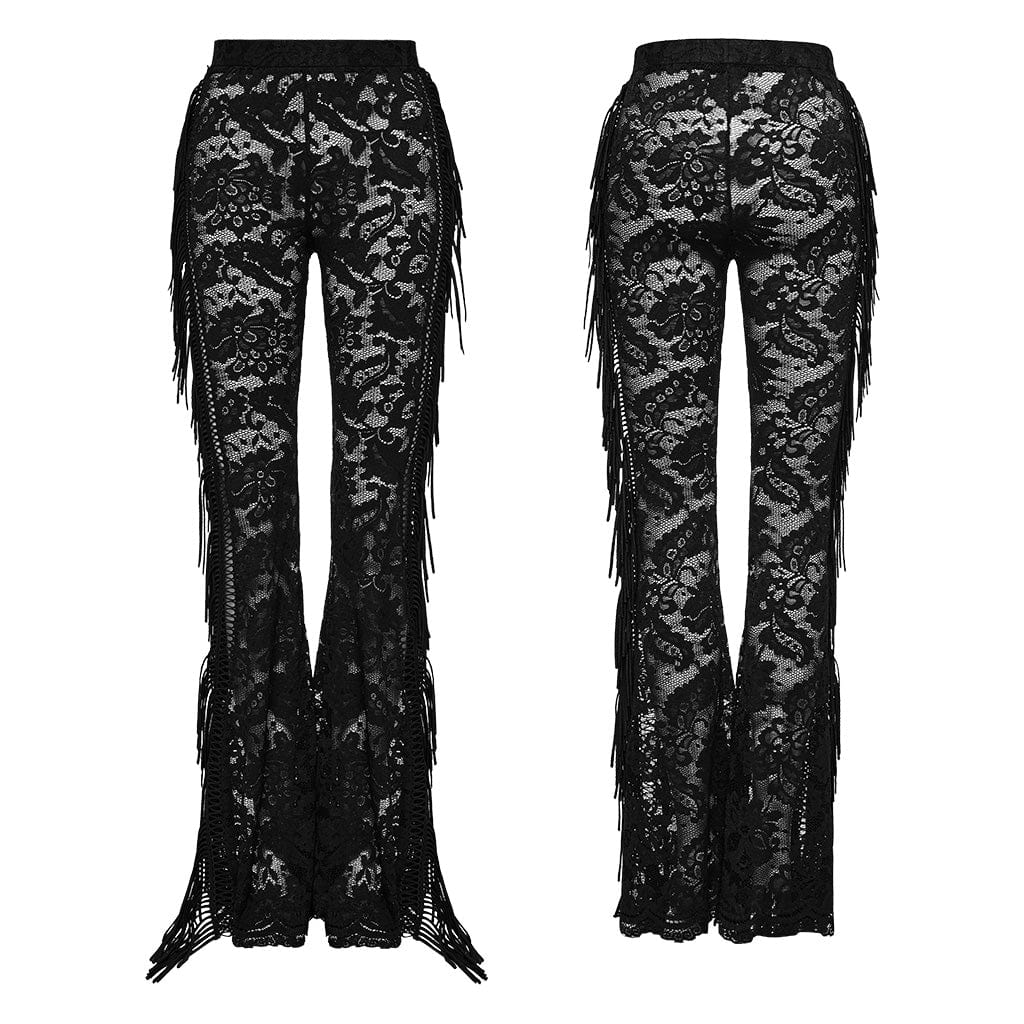 PUNK RAVE Women's Gothic Lace Tassels Flared Pants Black