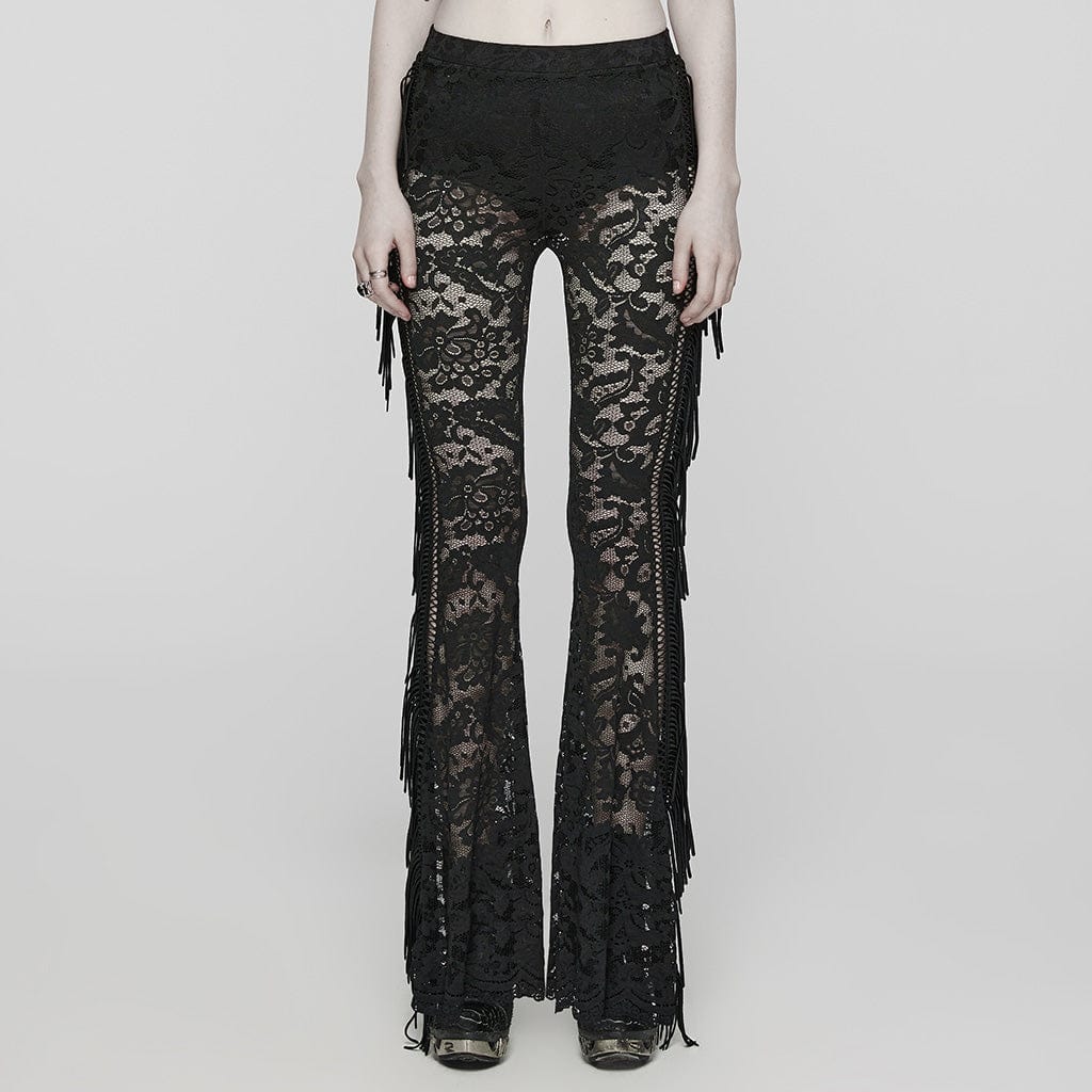 PUNK RAVE Women's Gothic Lace Tassels Flared Pants Black