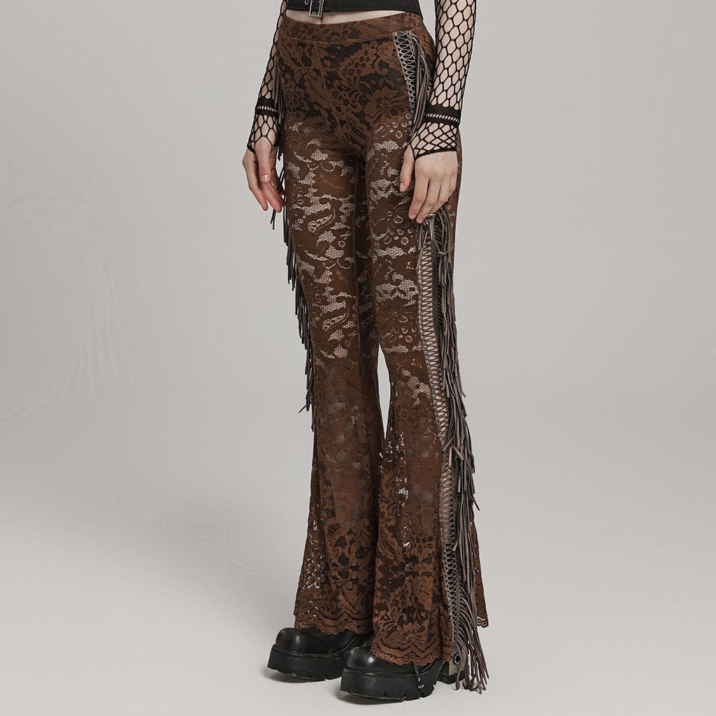 PUNK RAVE Women's Gothic Lace Tassels Flared Pants Coffee
