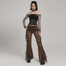 PUNK RAVE Women's Gothic Lace Tassels Flared Pants Coffee