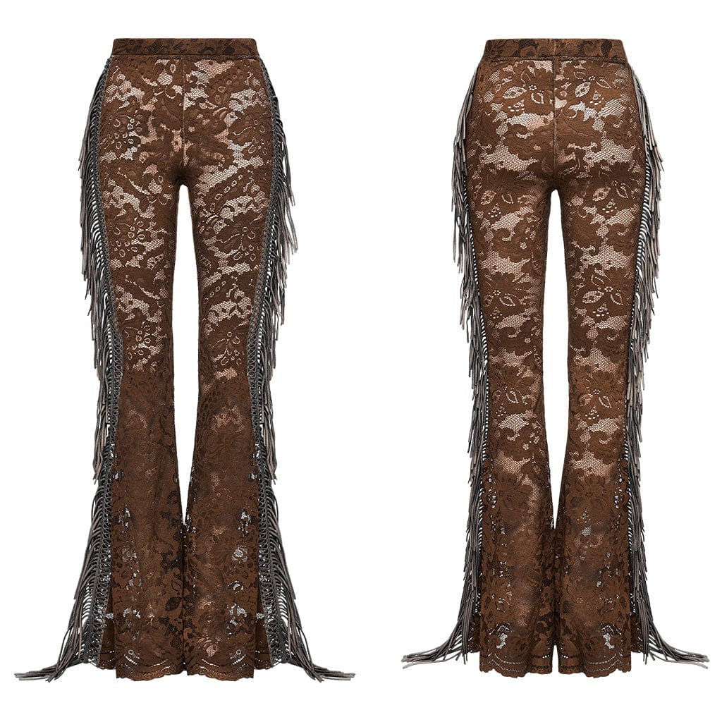 PUNK RAVE Women's Gothic Lace Tassels Flared Pants Coffee
