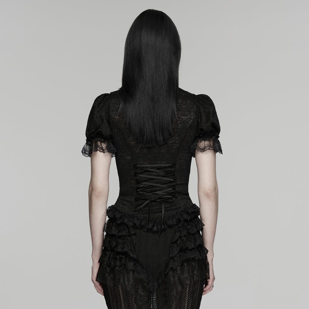 PUNK RAVE Women's Gothic Lace Turn-down Collar Puff Short Sleeved Shirt