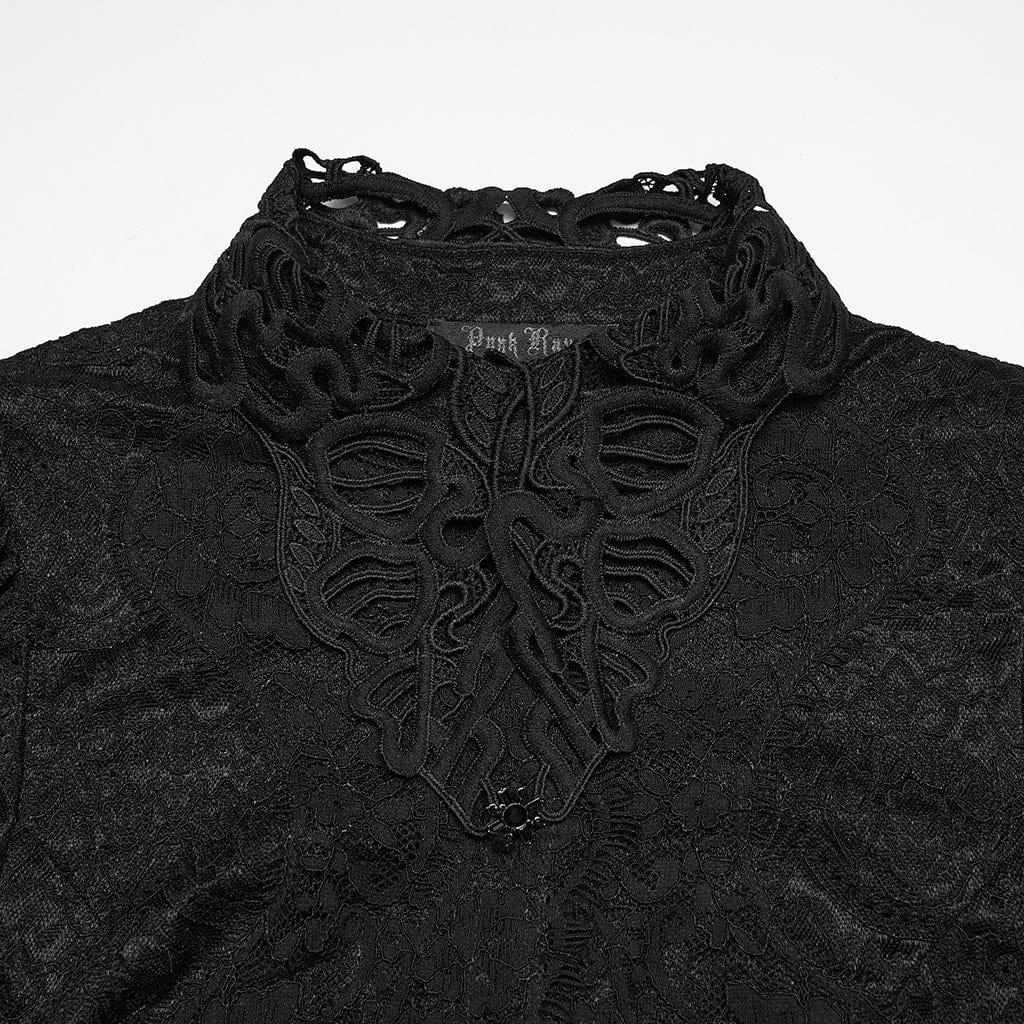 PUNK RAVE Women's Gothic Lace Turn-down Collar Puff Short Sleeved Shirt