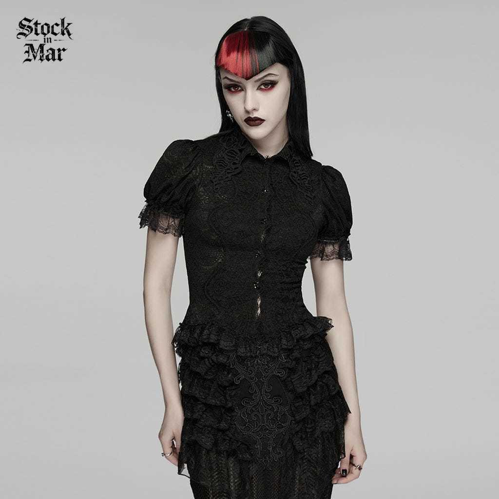 PUNK RAVE Women's Gothic Lace Turn-down Collar Puff Short Sleeved Shirt