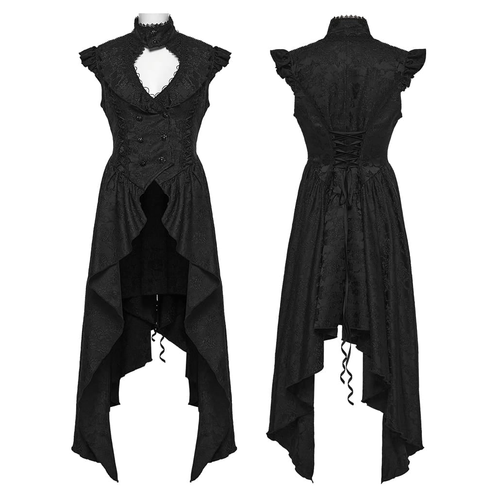 PUNK RAVE Women's Gothic Lace-up Cutout Irregular Hem Jacquard Vest