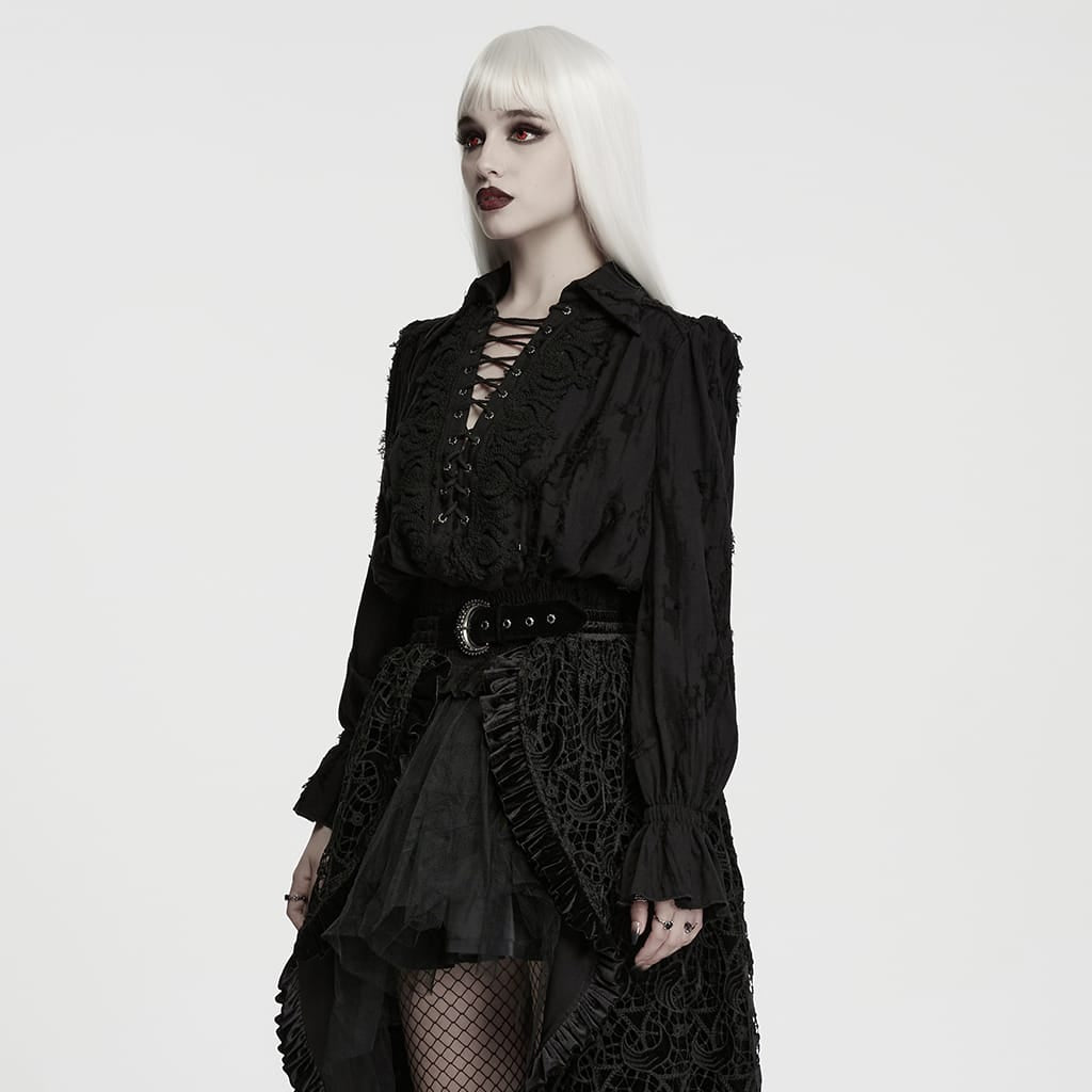 PUNK RAVE Women's Gothic Lace-up Distressed Collared Long Sleeve Shirt Black