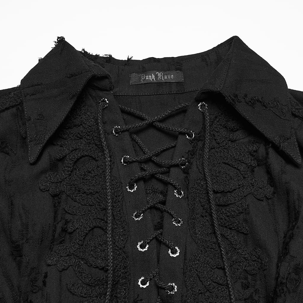 PUNK RAVE Women's Gothic Lace-up Distressed Collared Long Sleeve Shirt Black