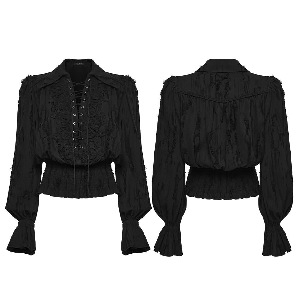 PUNK RAVE Women's Gothic Lace-up Distressed Collared Long Sleeve Shirt Black