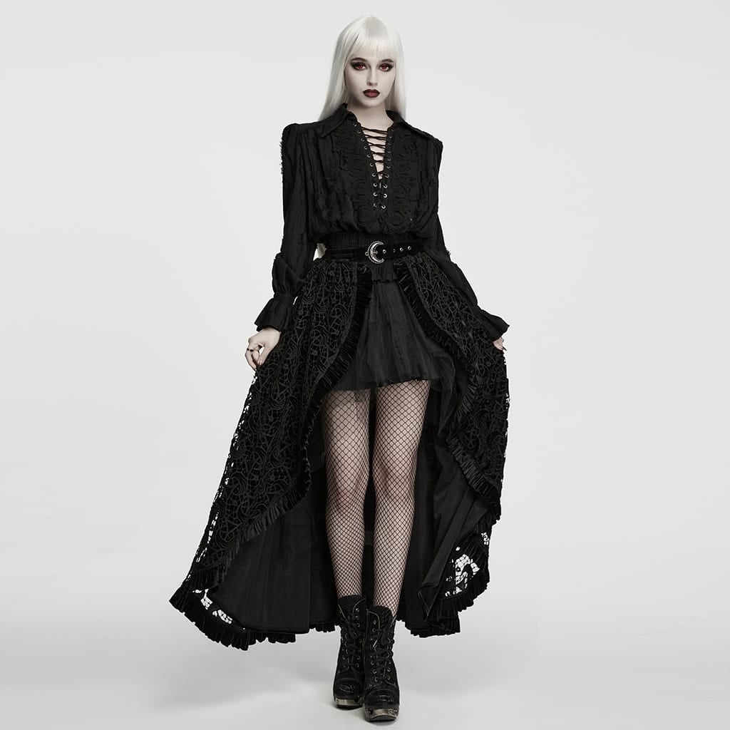 PUNK RAVE Women's Gothic Lace-up Distressed Collared Long Sleeve Shirt Black