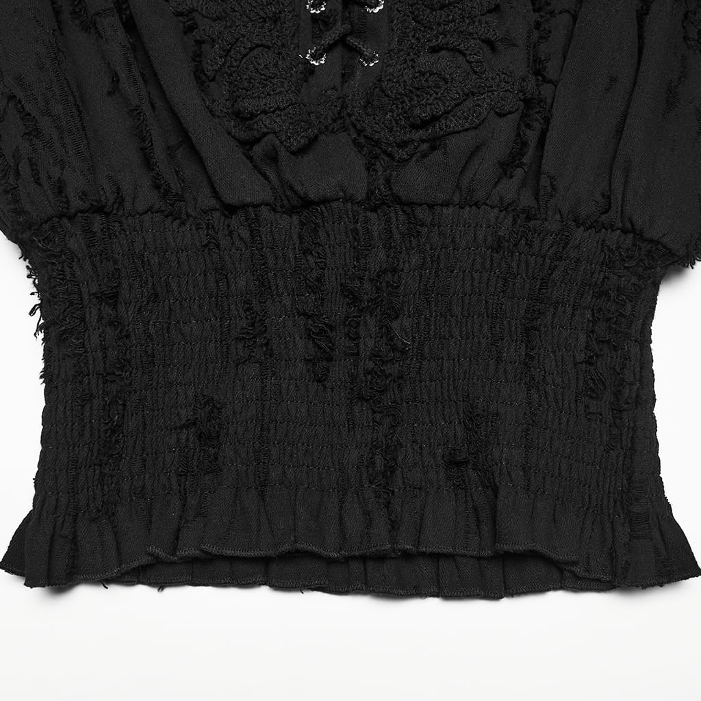 PUNK RAVE Women's Gothic Lace-up Distressed Collared Long Sleeve Shirt Black