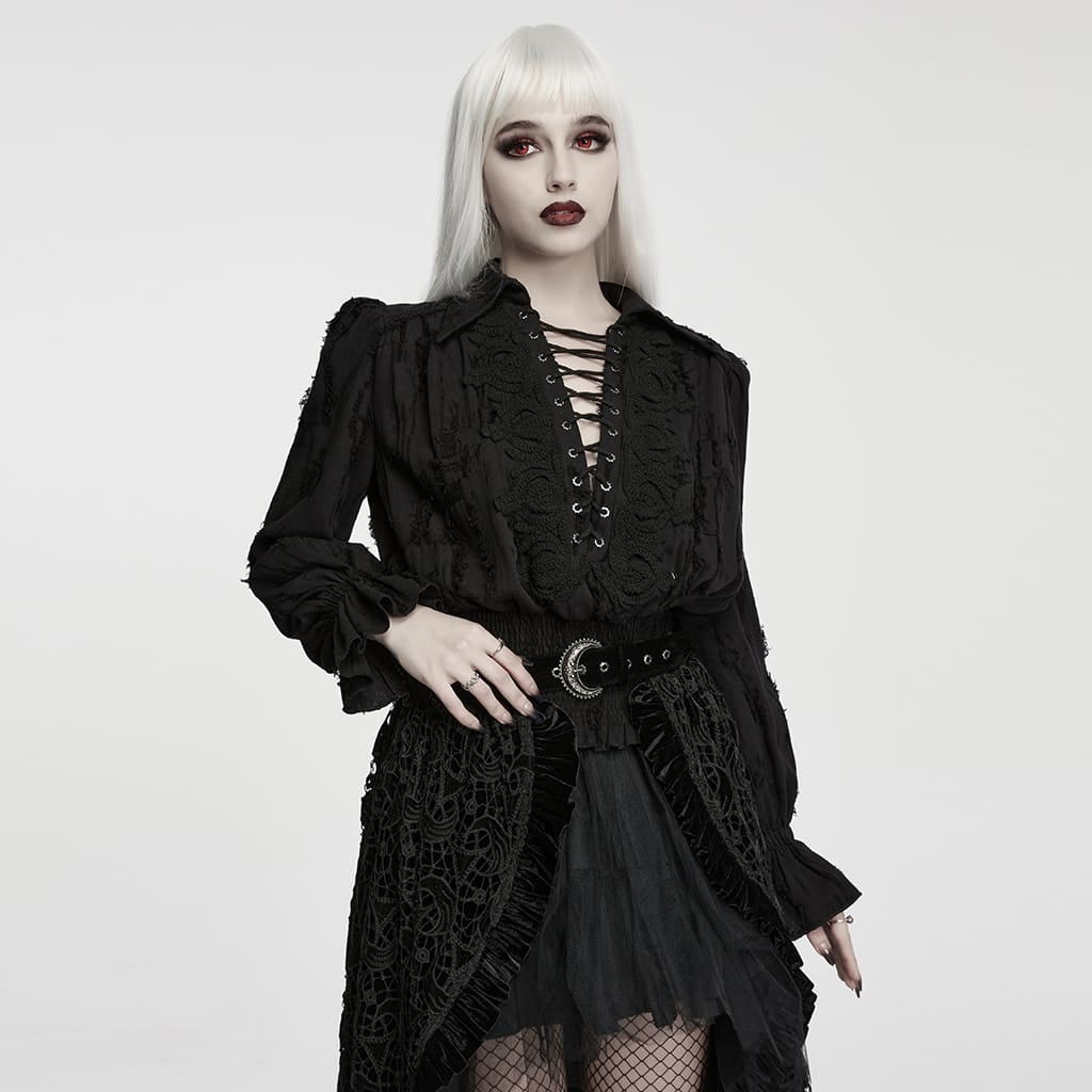 PUNK RAVE Women's Gothic Lace-up Distressed Collared Long Sleeve Shirt Black