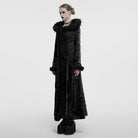 PUNK RAVE Women's Gothic Lace-up Faux Fur Splice Hooded Coat Black