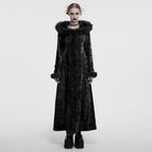 PUNK RAVE Women's Gothic Lace-up Faux Fur Splice Hooded Coat Black