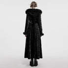PUNK RAVE Women's Gothic Lace-up Faux Fur Splice Hooded Coat Black