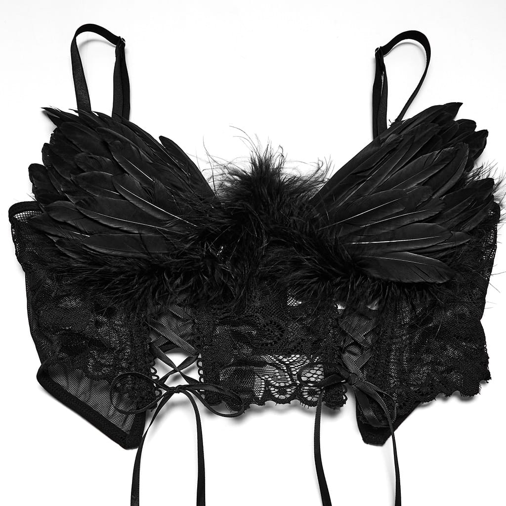 PUNK RAVE Women's Gothic Lace-up Feather Mesh Bustier