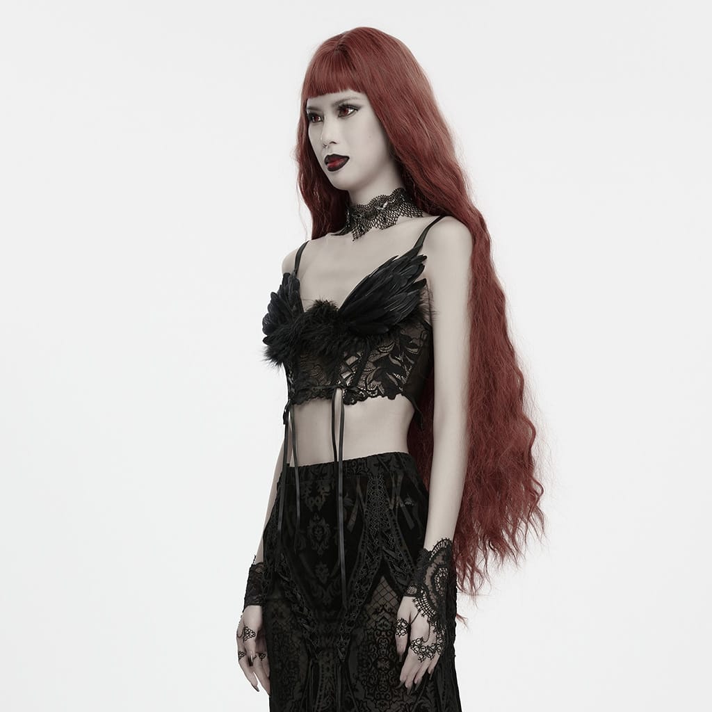 PUNK RAVE Women's Gothic Lace-up Feather Mesh Bustier