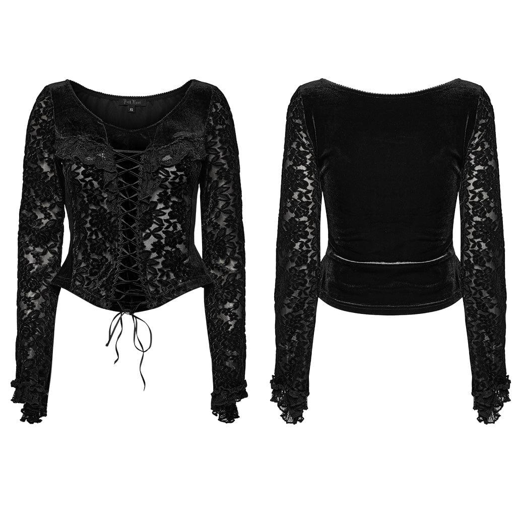 PUNK RAVE Women's Gothic Lace-up Flocking Mesh Splice Velvet Shirt