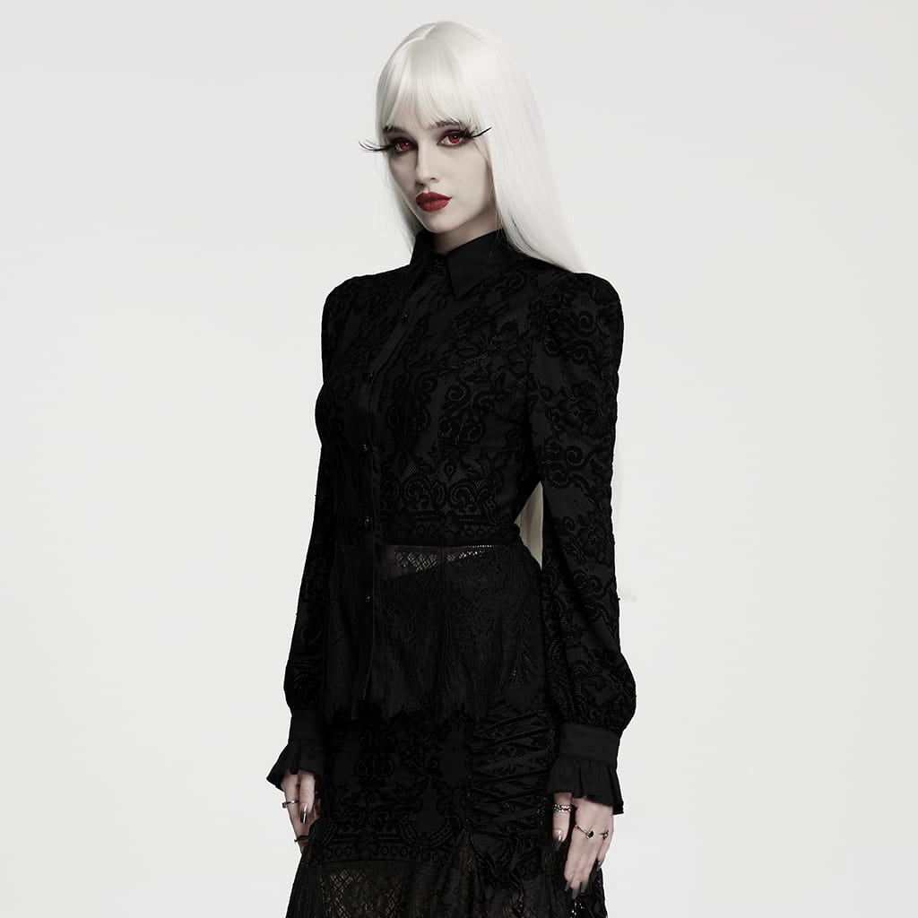 PUNK RAVE Women's Gothic Lace-up Floral Long Sleeve Shirt