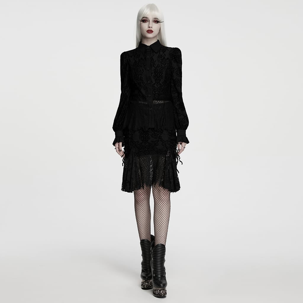 PUNK RAVE Women's Gothic Lace-up Floral Long Sleeve Shirt