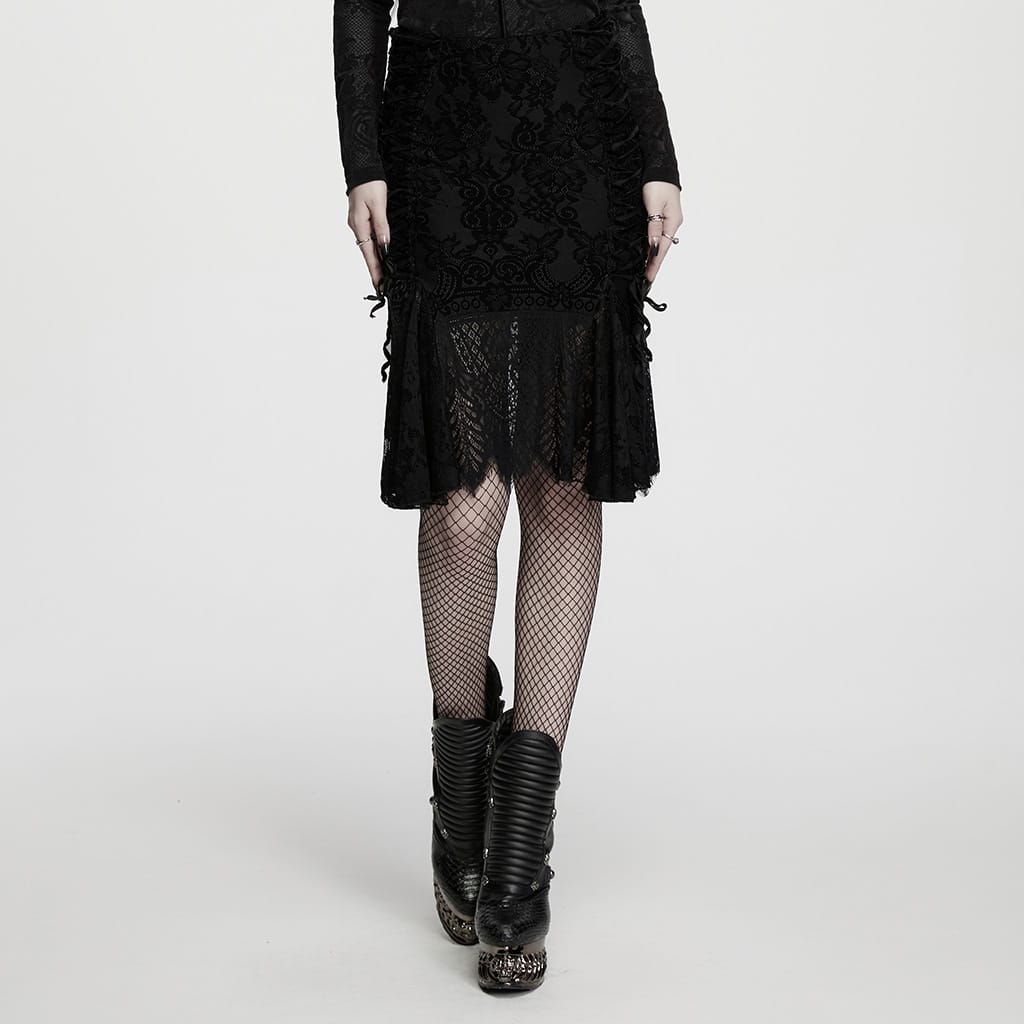 PUNK RAVE Women's Gothic Lace-up Floral  Midi Skirt