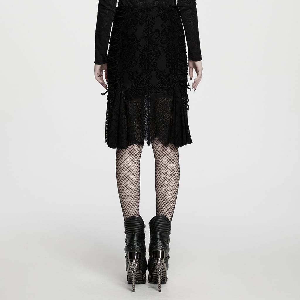 PUNK RAVE Women's Gothic Lace-up Floral  Midi Skirt