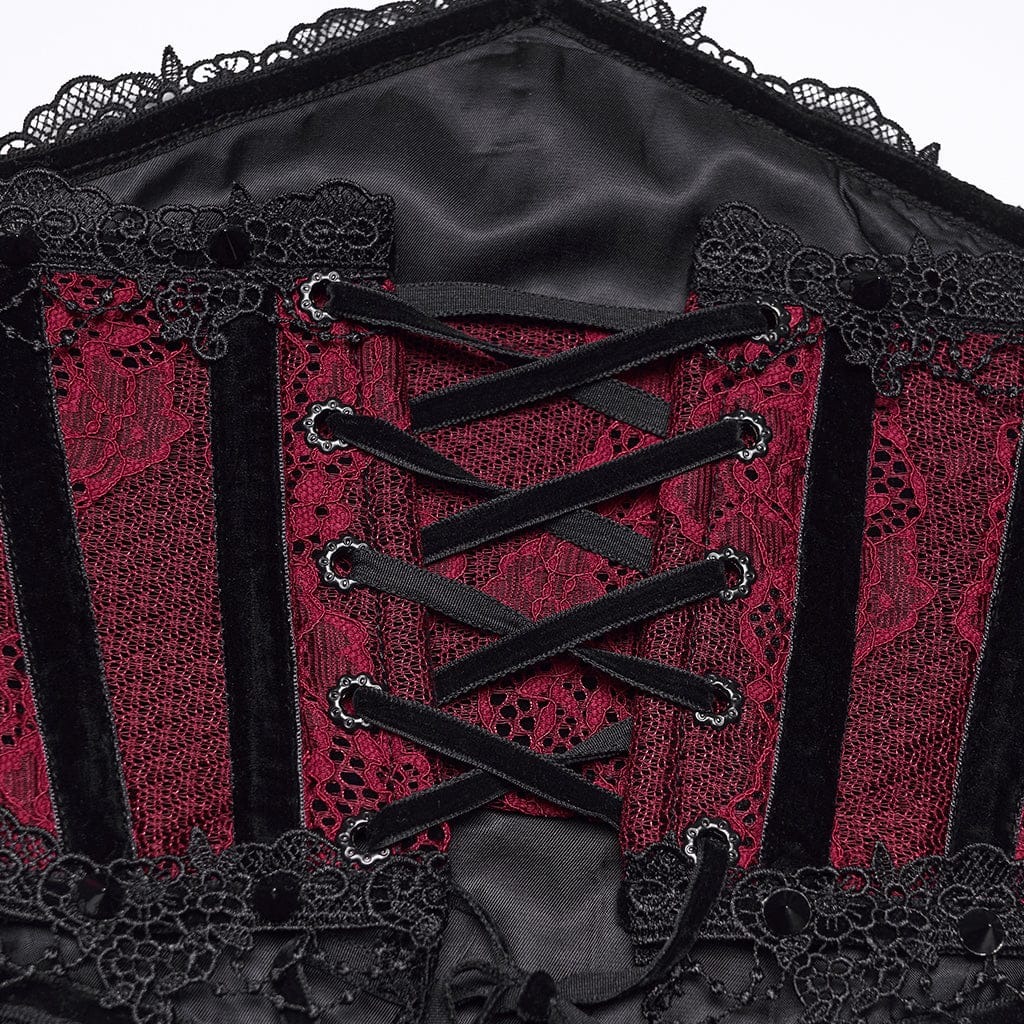 PUNK RAVE Women's Gothic Lace-up Lace Trim Underbust Corset Red
