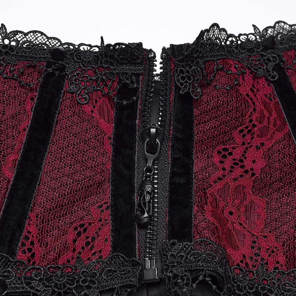 PUNK RAVE Women's Gothic Lace-up Lace Trim Underbust Corset Red