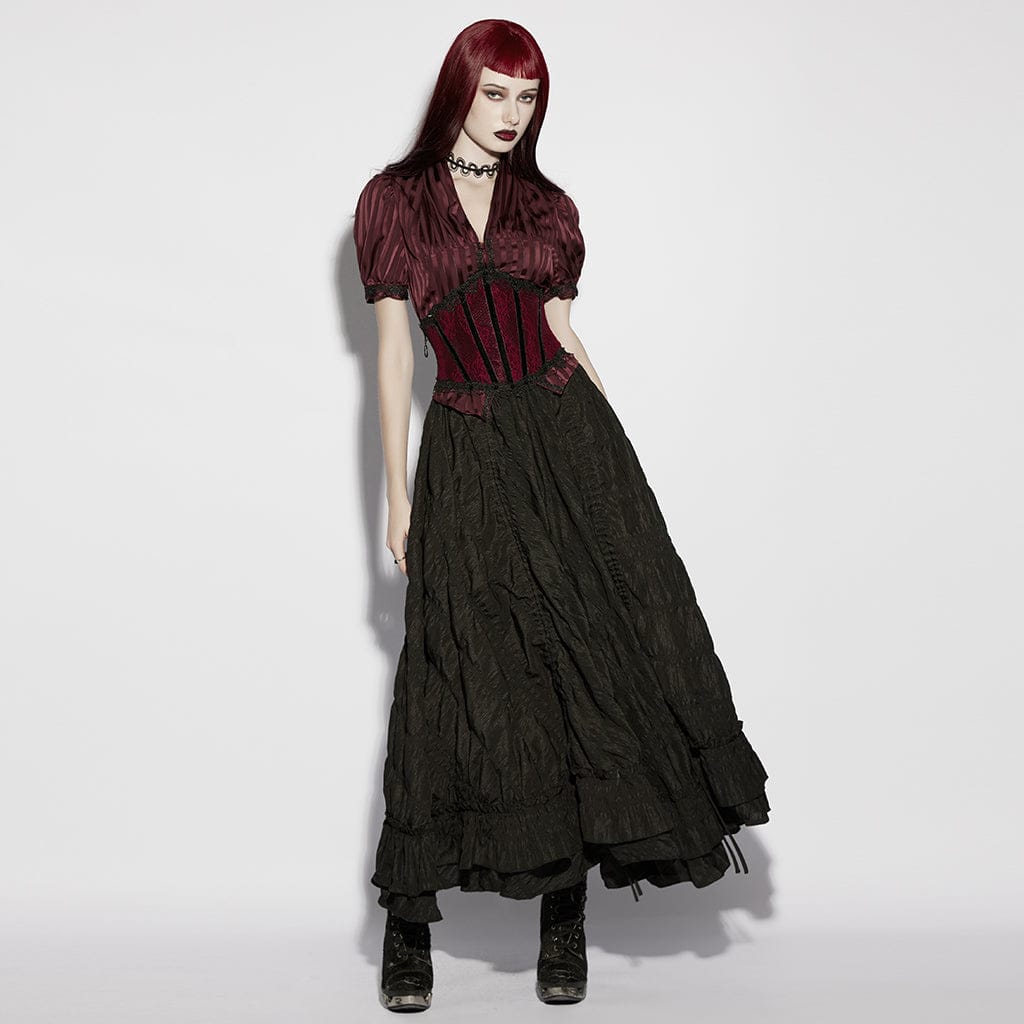 PUNK RAVE Women's Gothic Lace-up Lace Trim Underbust Corset Red