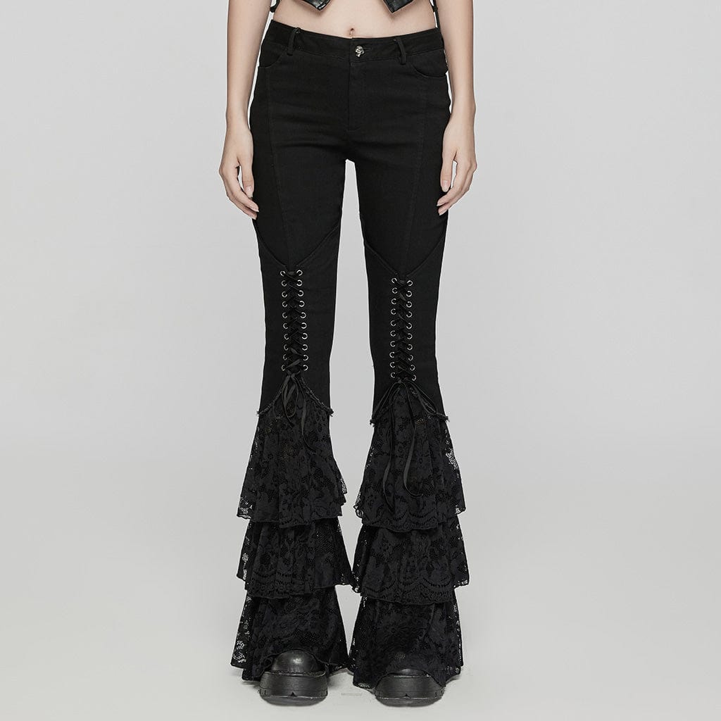 PUNK RAVE Women's Gothic Lace-up Layered Flared Pants