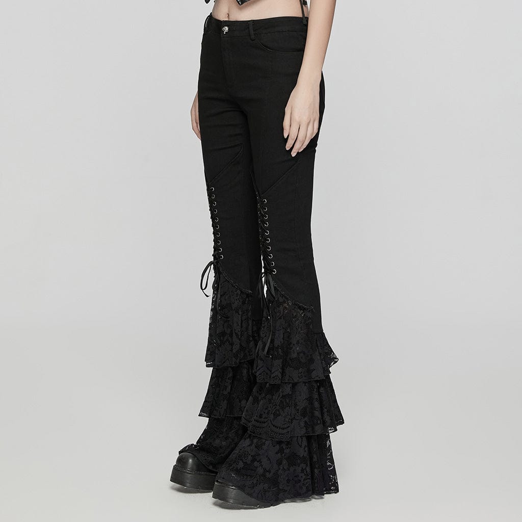 PUNK RAVE Women's Gothic Lace-up Layered Flared Pants