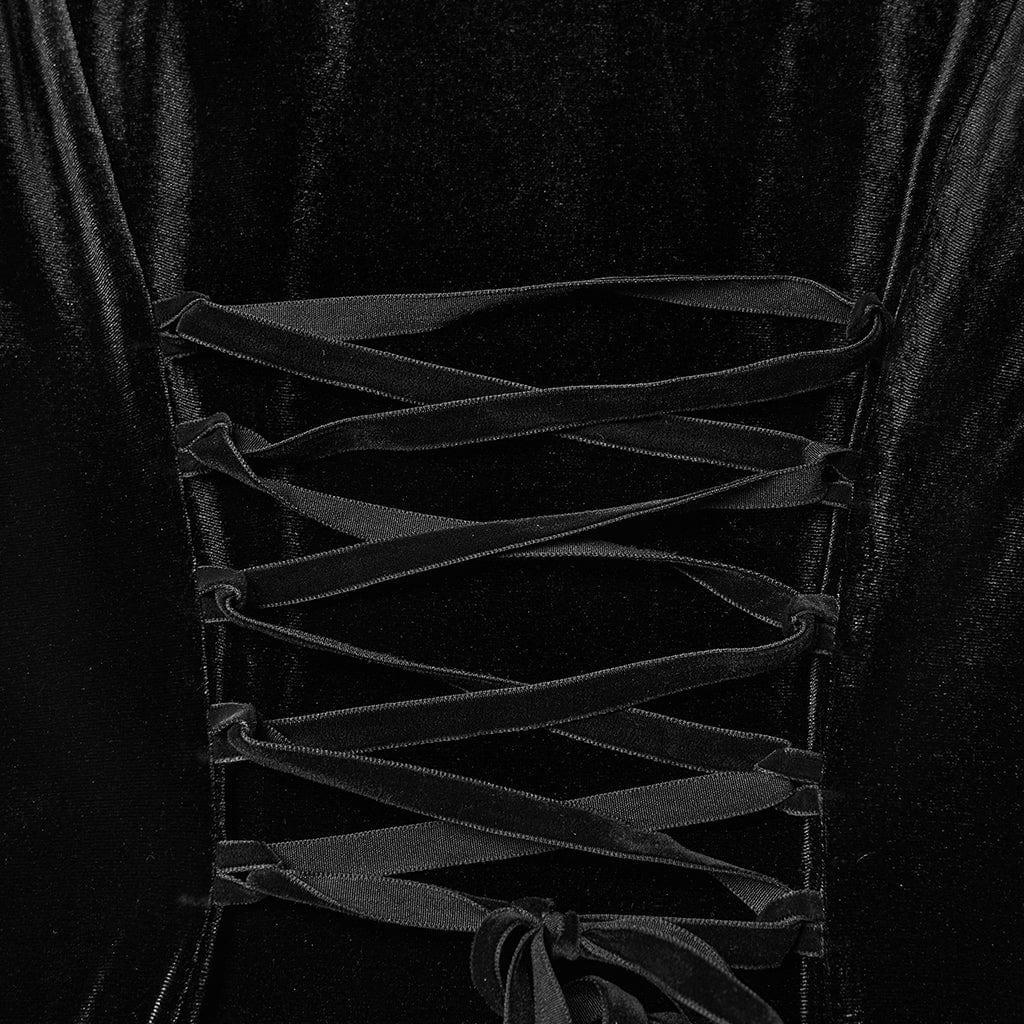 PUNK RAVE Women's Gothic Lace-up Pleated Flared Sleeved Hooded Dress Black