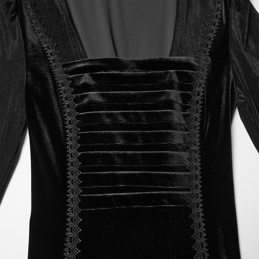 PUNK RAVE Women's Gothic Lace-up Pleated Flared Sleeved Hooded Dress Black