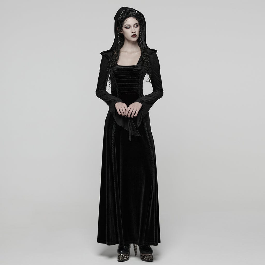 PUNK RAVE Women's Gothic Lace-up Pleated Flared Sleeved Hooded Dress Black