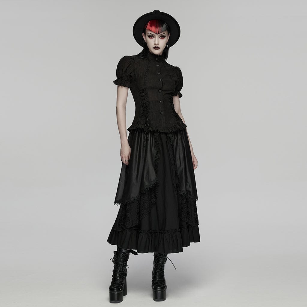 PUNK RAVE Women's Gothic Lace-up Puff Short Sleeved Shirt Black