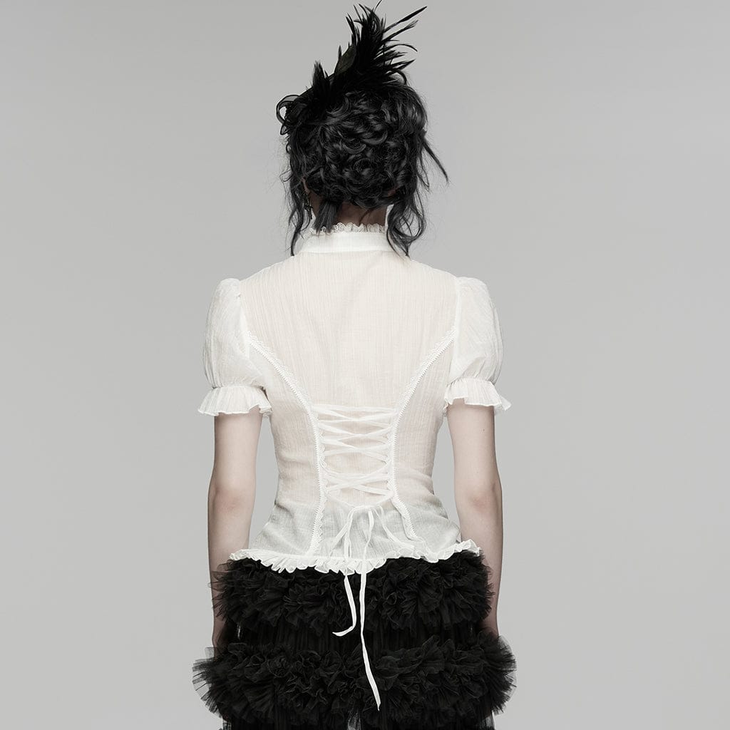 PUNK RAVE Women's Gothic Lace-up Puff Short Sleeved Shirt White