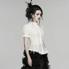 PUNK RAVE Women's Gothic Lace-up Puff Short Sleeved Shirt White