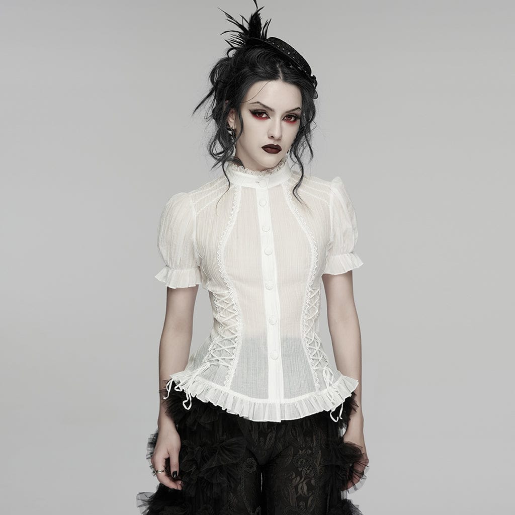 PUNK RAVE Women's Gothic Lace-up Puff Short Sleeved Shirt White