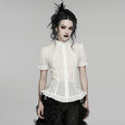 PUNK RAVE Women's Gothic Lace-up Puff Short Sleeved Shirt White